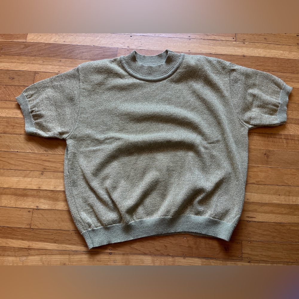 Vintage GOLD DISCO mock neck short sleeve sweater 80s metallic padded shoulder M